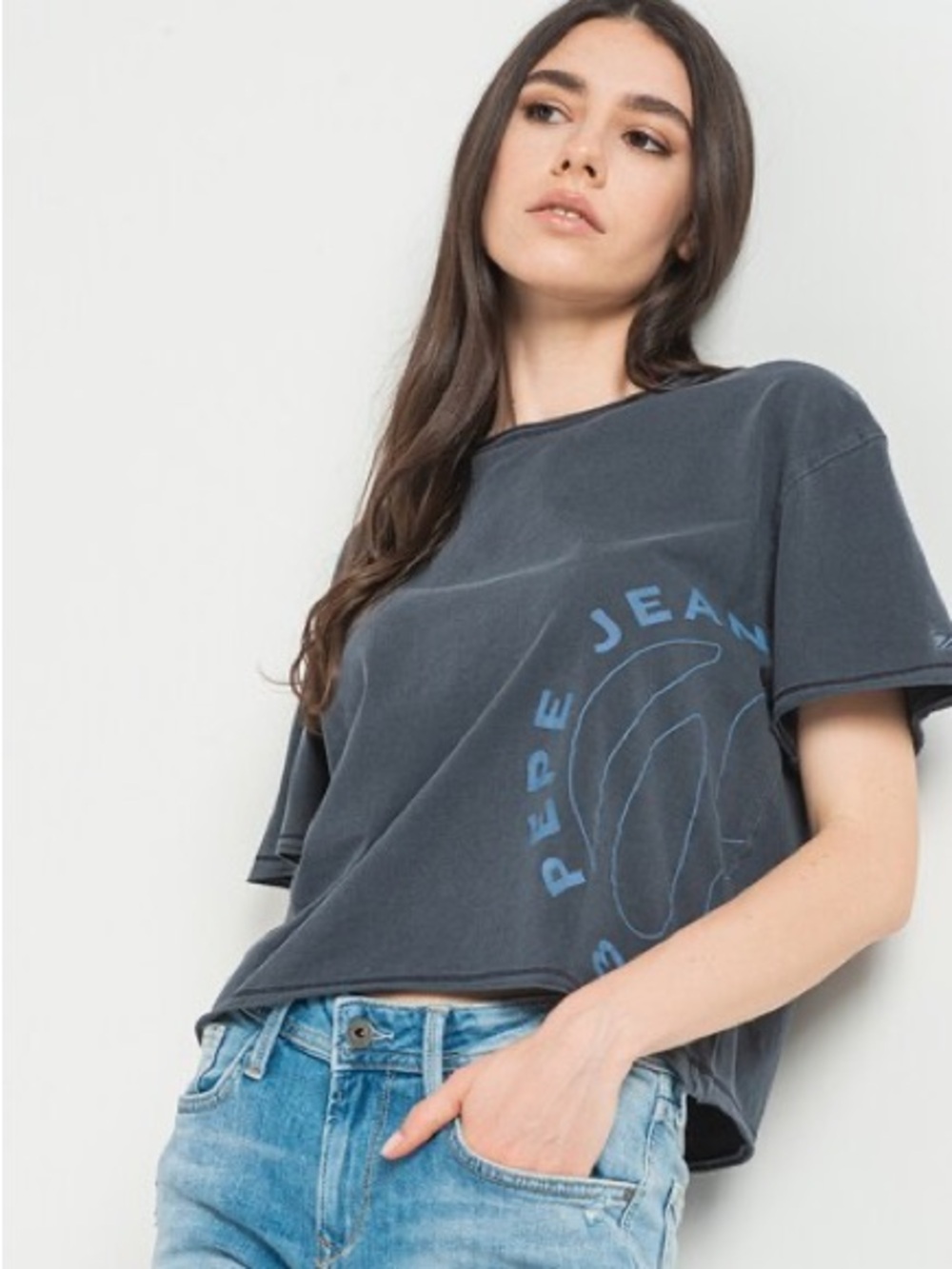 Pepe Jeans Washed Black Cropped Logo Tee with Blue Print